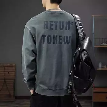 Осенний американский повседневный принтованный свитер мужской ретро стираный модный топ с длинными рукавами свободная рубашка из плотного хлопка M фиолетовый