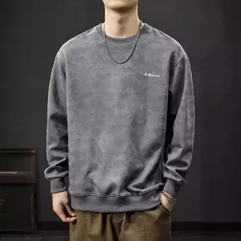 Осенний американский ретро-свитер из замши с принтом тай-дай, мужская модная брендовая свободная повседневная футболка с вышивкой и круглым вырезом, длинными рукавами M чёрный