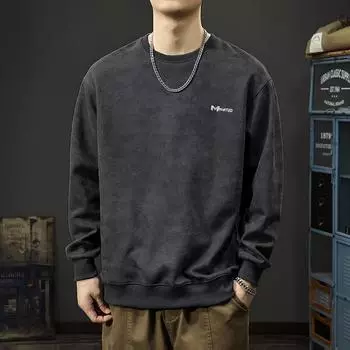 Осенний американский ретро-свитер из замши с принтом тай-дай, мужская модная брендовая свободная повседневная футболка с вышивкой и круглым вырезом, длинными рукавами M чёрный