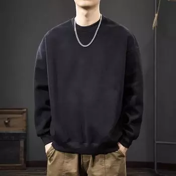 Осенний американский ретро тяжелый однотонный свитер мужской повседневный круглый вырез внутренняя нижняя рубашка свободный топ с длинными рукавами M небесно-голубой
