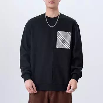 Осенний американский свитер Blockbuster мужской свободный большой размер сращивание черный круглый вырез длинный рукав топ мужской тренд M чёрный