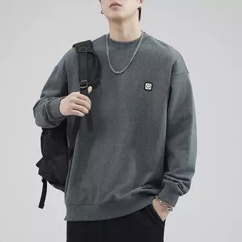 Осенний американский свитер с круглым вырезом из плотного хлопка, мужской свободный, большого размера, с длинным рукавом, модный мужской топ-тренд M темно-серого