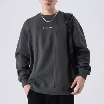 Осенний американский тяжелый ретро-свитер мужской свободный большой размер сращивание база длинный рукав пуловер круглый вырез тренд M хаки