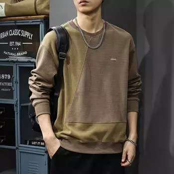 Осенний американский уличный контрастный свитер мужской ретро трендовый бренд тяжелая текстура свободный круглый вырез повседневный топ M чёрный