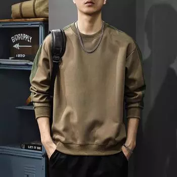 Осенний американский уличный мужской свитер в стиле ретро с круглым вырезом и вышивкой, свободный спортивный повседневный топ с длинными рукавами M светло-коричневого