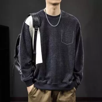 Осенний американский винтажный вафельный мужской свитер, свободный дизайн, с круглым вырезом, тяжелая куртка с длинными рукавами M чёрный