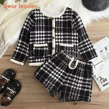 Осенний ароматный комплект Bear Leader для девочек, модный клетчатый топ + шорты, костюм из двух предметов для детей 3-7 лет, одежда AH126 3T