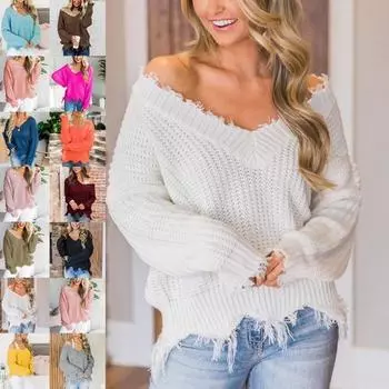 Осенний асимметричный вязаный свитер большого размера с кисточками для женщин, зимняя мода, винтажный пуловер с V-образным вырезом, свитера для женщин с длинным рукавом, свободные повседневные джемперы 25104 S белый