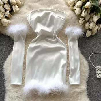 Осенний атласный легкий роскошный меховой комбинезон, сексуальный тонкий халат на одно плечо с рукавами, платье