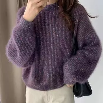 Осенний бархатный золотой нитью круглый вырез сверкающий пуловер японский толстый свободный свитер с рукавами-пузырями для женщин one size(40-65kg) фиолетовый