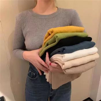 Осенний базовый круглый вырез, однотонный облегающий свитер, женский свитер с длинным рукавом, женские элегантные модные повседневные джемперы, теплые трикотажные изделия 25269 One Size абрикосовый