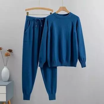 Осенний базовый женский свитер из двух предметов, спортивный костюм, модный вязаный свитер + брюки-шаровары, женский повседневный зимний комплект One Size бежевый