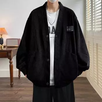 Осенний большой размер повседневный однотонный вязаный кардиган с V-образным вырезом 7XL чёрный