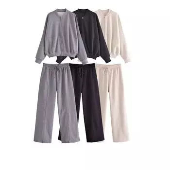 Осенний бомбер повседневный длинный рукав на молнии пальто винтажный однотонный свитшот комплект куртка брюки для женщин плюс размер L чёрный