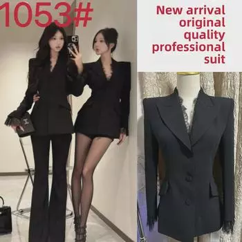 «Осенний черный приталенный пиджак с кружевным воротником и брюки для пассажиров» S