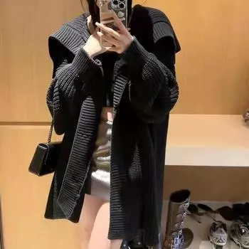 Осенний черный вязаный свитер с лацканами, женская винтажная свободная повседневная куртка-кардиган, женские модные зимние свитера в томном стиле 28527 S чёрный