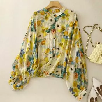 Осенний деревенский стиль, небольшой свежий принт, рами, художественный, универсальный, свободный, повседневный, с круглым вырезом, топ, блузки и рубашки L жёлтый