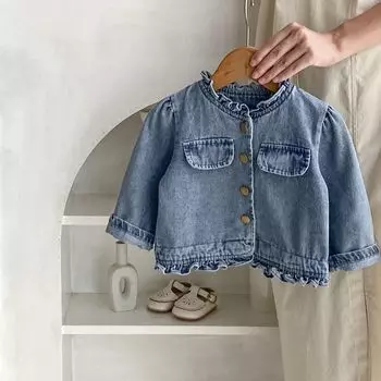 Осенний детский хлопковый кардиган для девочек с длинными рукавами, джинсовая куртка для малышей, однотонная винтажная одежда bafanou 65128 73cm(6-12M) синий