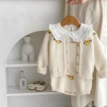 Осенний детский кардиган из 100% хлопка для девочек, вязаный комбинезон для младенцев, комплекты вязаной одежды с цветочным принтом bafanou 86157 66cm(3-6M) бежевый