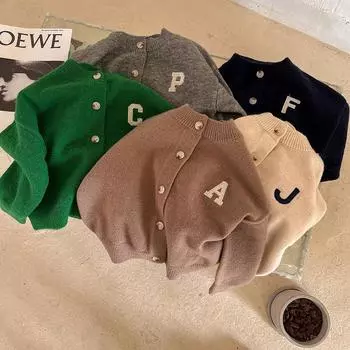 Осенний детский кардиган свитера Одежда для девочек Мультяшные буквы Однотонный хлопковый свитер Одежда для мальчиков Вязаные детские свитера 80
