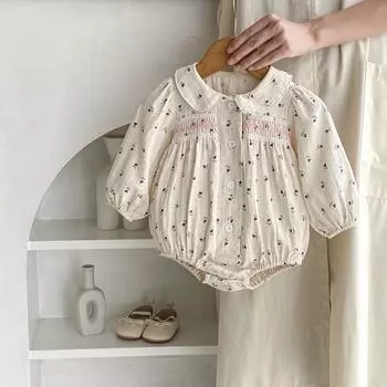 Осенний детский комбинезон с цветочным принтом для маленьких девочек, боди с воротником Питер Пэн, повседневный детский хлопковый комбинезон bafanou 92631 66cm(3-6M) бежевый