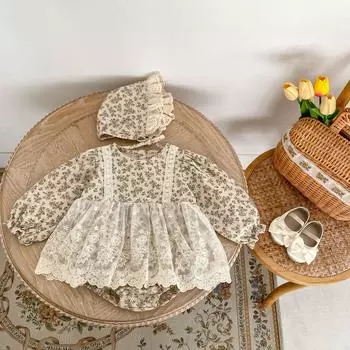 Осенний детский комбинезон с цветочным принтом и кружевной отделкой, одежда с длинными рукавами для маленьких девочек, комбинезон для девочек с шапочкой bafanou 21074 66cm(3-6M)