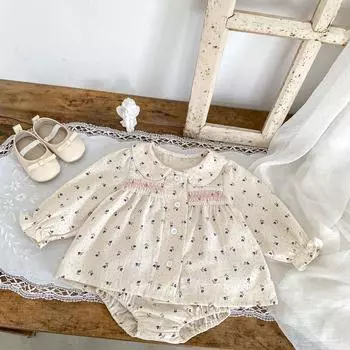 Осенний детский костюм с цветочным принтом для новорожденных, топ с длинными рукавами, шаровары, комплект из 2 предметов, милая одежда для девочек, bafanou 96220 73cm(6-12M) бежевый