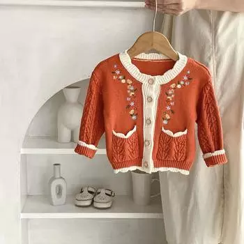 Осенний детский вязаный кардиган, хлопковое вязаное пальто для малышей, свитер с вышитыми цветами для девочек, bafanou 83425 66cm(3-6M) красный