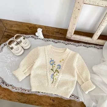 Осенний детский вязаный свитер с цветочной вышивкой для девочек-малышей, симпатичная одежда с круглым вырезом, милый детский вязаный хлопковый свитер, топ bafanou 83472 66cm(3-6M) бежевый
