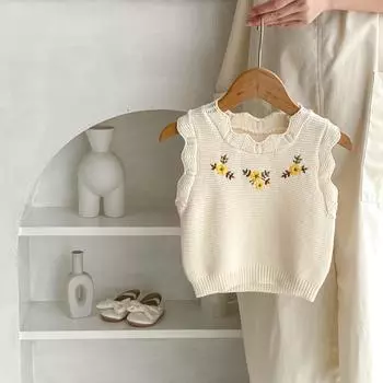 Осенний детский жилет из 100% хлопка для маленьких девочек, вязаные свитера, пуловер с цветочной вышивкой для новорожденных, bafanou 83405 100cm(2-3Y) бежевый
