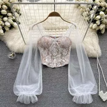 Осенний дизайн, нишевая сетка, кружевная строчка, темперамент, квадратный вырез, рубашка с рукавами-фонариками, шикарная маленькая рубашка