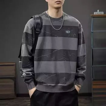 Осенний дизайн Sense Crack Old Striped Sweater Мужская тяжелая свободная футболка с длинным рукавом в американском ретро-стиле M черный серый