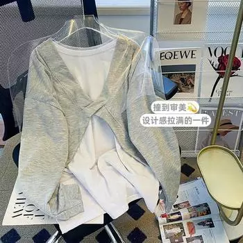 Осенний дизайн Sense Niche Two Sides Wear Fake Two Hoodie Women Long Sleeve Bf Wind Loose Bloose M серый