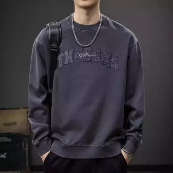 Осенний дизайн Sense вышитый свитер мужской плотный чистый хлопок свободная нижняя рубашка американский ретро стираный повседневный топ Tide M фиолетовый