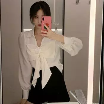 Осенний дизайн шикарный бант топ женский V-образный вырез рукава пузырь темперамент белая рубашка рубашка S белый