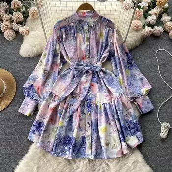 Осенний дизайн в этническом стиле с нишевым принтом и рукавами-фонариками, кружевная талия, тонкое платье трапециевидной формы