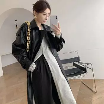 Осенний длинный плащ из искусственной кожи для женщин, черный двубортный, корейская мода, байкерская куртка, уличная женская верхняя одежда, шикарные пальто XL чёрный