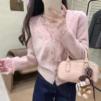 Осенний длинный рукав базовый кардиган куртки женские элегантные облегающие V-образный вырез вязаные женские свитера пальто зимние кружевные пэчворк кардиганы свитер 25854 One Size чёрный