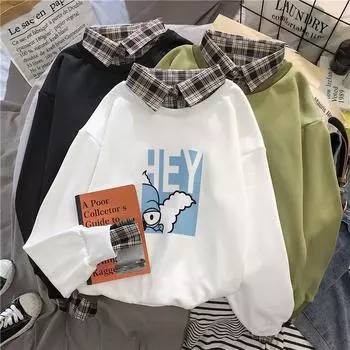 Осенний длинный рукав мультяшный тонкий свитшот Harajuku поддельные две части толстовки женские повседневные хлопковые свитшоты большого размера одежда y2k M