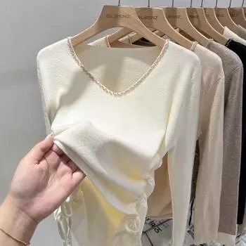 Осенний длинный рукав, основа, V-образный вырез, трикотажные пуловеры, женские свитера, модный однотонный облегающий зимний свитер, женский свитер с бисером и завязками 26043 One Size бежевый