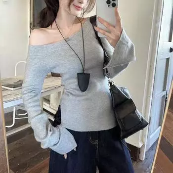 Осенний длинный рукав сексуальный косой воротник основа вязаный свитер для женщин зимняя мода облегающий крой свитера с открытыми плечами женские однотонные шикарные короткие джемперы 25502 One Size серый