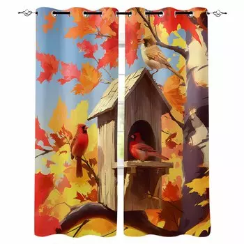 Осенний домик для птиц Red Bishop Bird Blackout Curtains для гостиной, спальни, оконные шторы, домашний декор W135 x H60cm