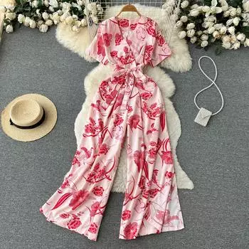 Осенний европейский и американский модный комбинезон с короткими рукавами и принтом, женские брюки в праздничном стиле, шикарный комбинезон высокого класса