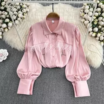 Осенний европейский и американский ретро-лацкан с кисточками, свободный фонарь, повседневный короткий женский топ с длинными рукавами