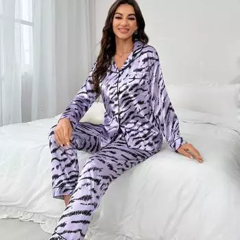 Осенний фиолетовый леопардовый принт с длинным рукавом из двух частей пижамный комплект женский кардиган домашняя одежда нарядное нижнее белье ночное белье женская одежда для сна M