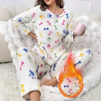Осенний флисовый толстый теплый женский пижамный комплект зимняя одежда для сна повседневный топ и брюки с принтом мягкий пижамный комплект для женщин домашний костюм S