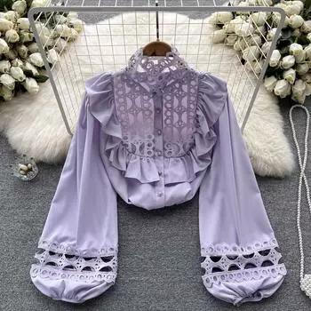 Осенний французский дизайн с нишевыми полыми рюшами и рукавами-фонариками, шикарный женский топ