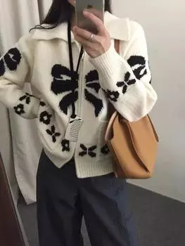 Осенний французский модный милый вязаный кардиган женский Harajuku белый дизайн эстетичный принт свитер женский новый повседневный элегантный шикарный теплый пальто one size белый