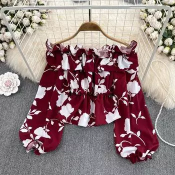 Осенний французский сексуальный свободный топ с длинными рукавами в западном стиле с открытыми плечами и оборками и пышными рукавами в западном стиле