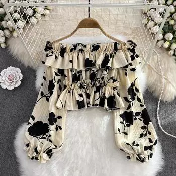 Осенний французский шикарный топ на одно плечо с цветочным принтом и открытыми плечами, милая свободная короткая рубашка с длинными рукавами для женщин
